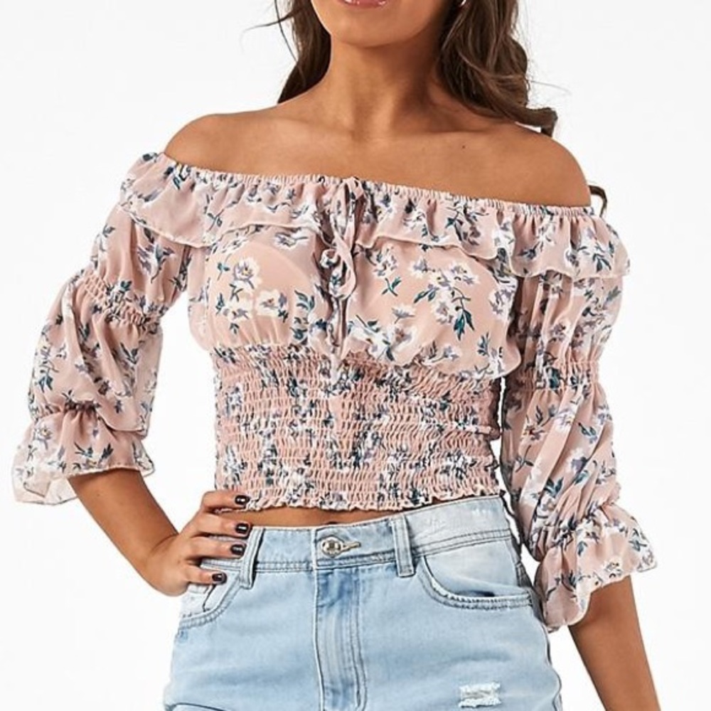 off the shoulder pink floral top
